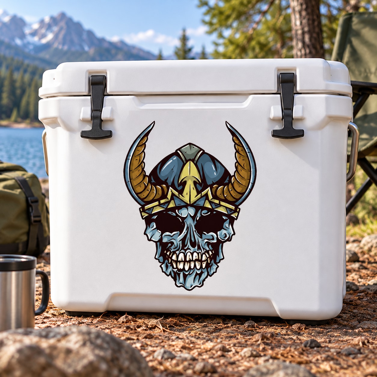 Viking skull sticker with horned helmet and blue, gold, and black details