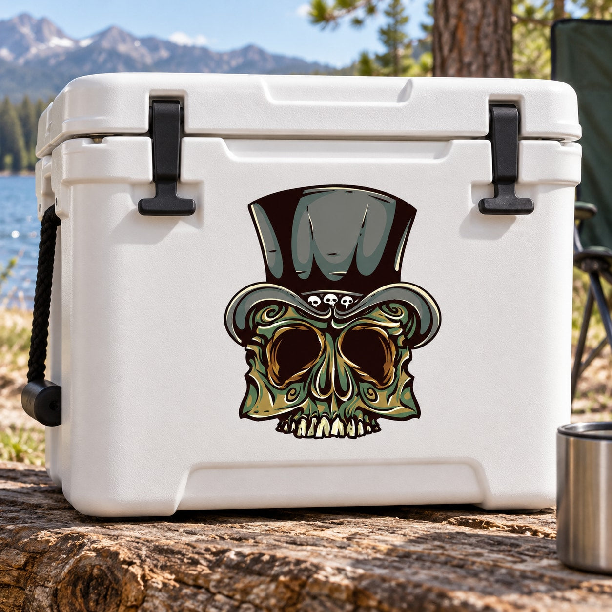 Colorful skull sticker with black top hat and ornate swirls