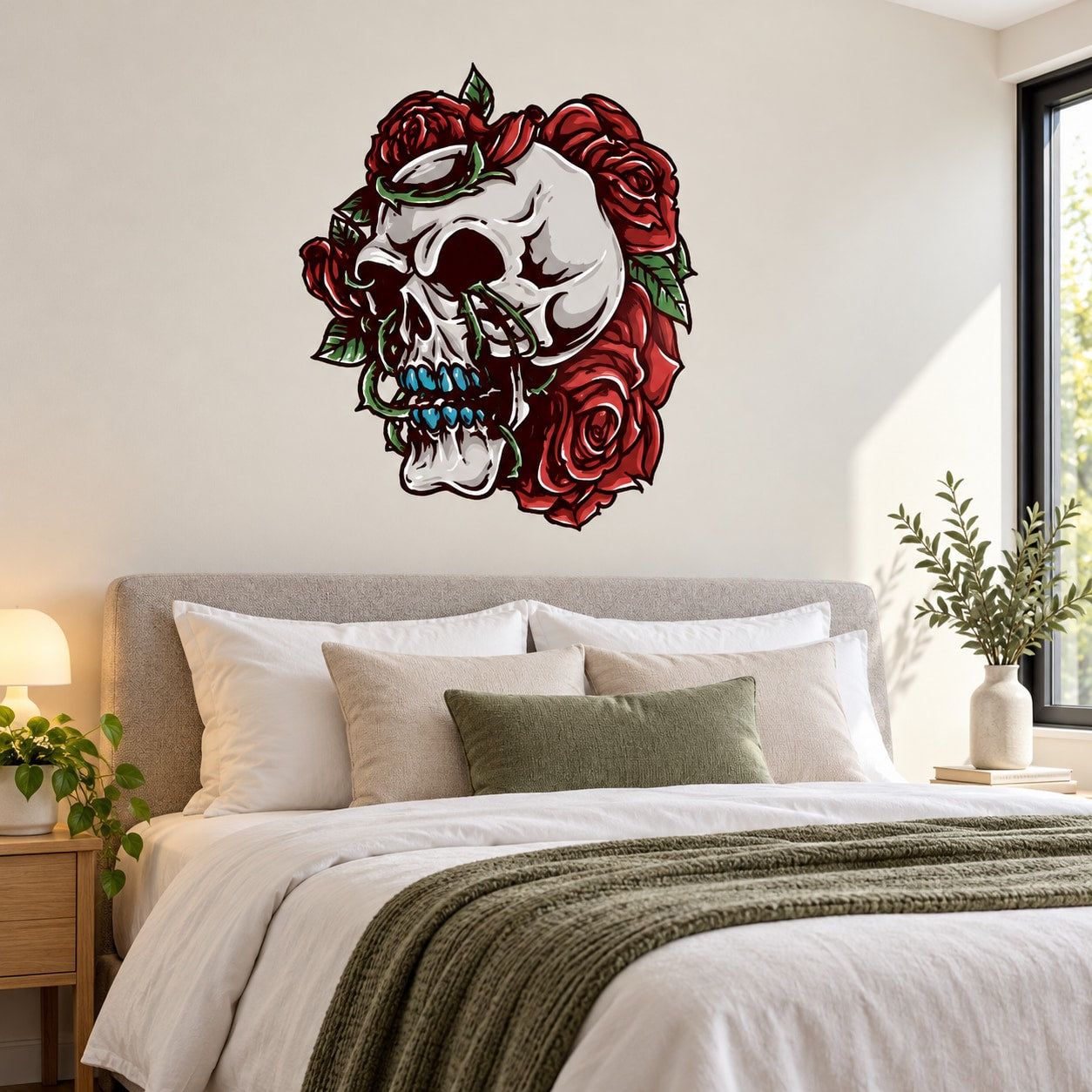 Skull with roses sticker featuring red roses and green leaves with blue accents