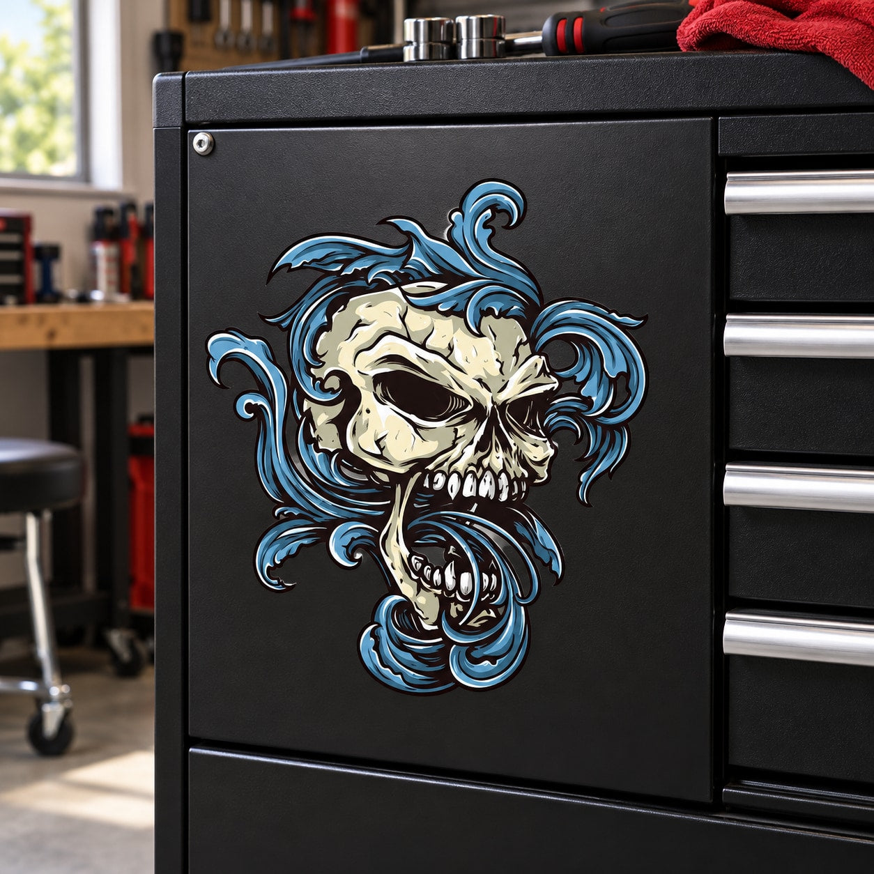 Skull filligree sticker with blue and gold ornate skull graphic on black background