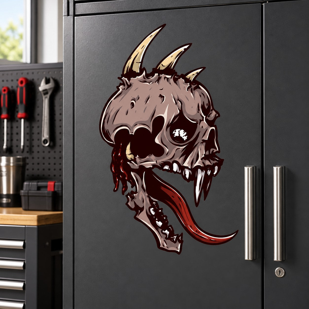 Fanged skull sticker with horned skull and red flames detail