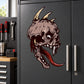 Fanged skull sticker with horned skull and red flames detail