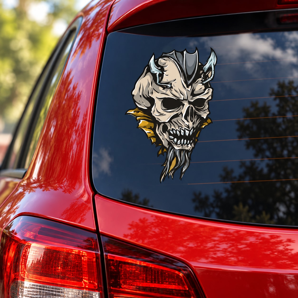 Sea monster skull decal: gray skull with gold teeth on dark blue