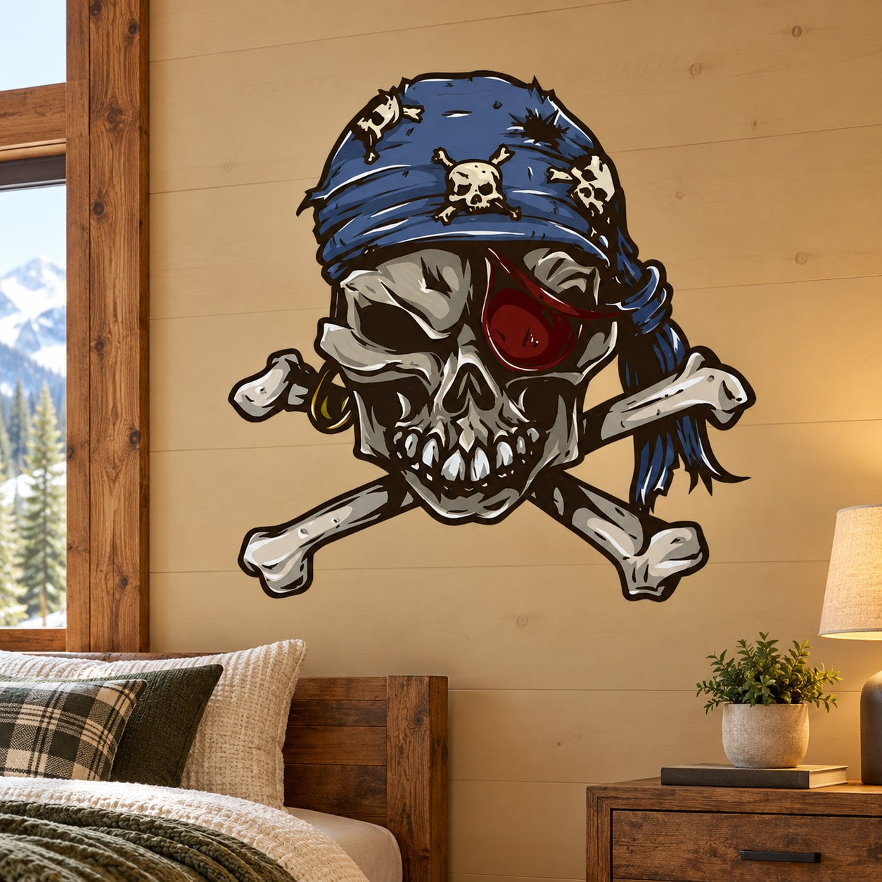 Pirate skull and crossbones wall sticker with blue bandana