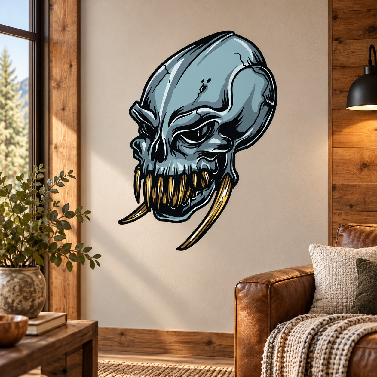 Blue alien skull sticker with sharp teeth and stylized black outlines