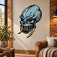 Blue alien skull sticker with sharp teeth and stylized black outlines