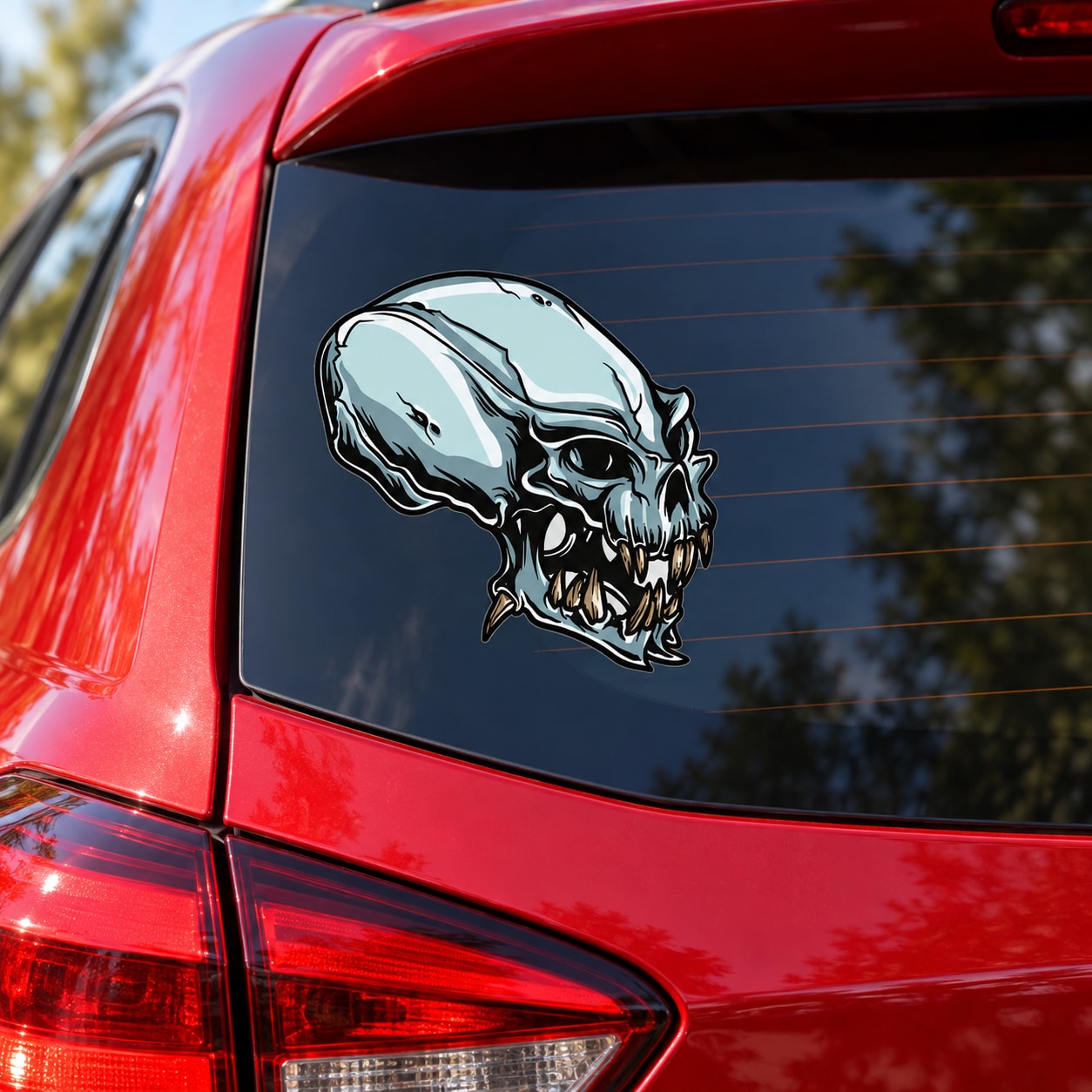 Space pirate skull sticker with light gray skull and dark outline on a dark window