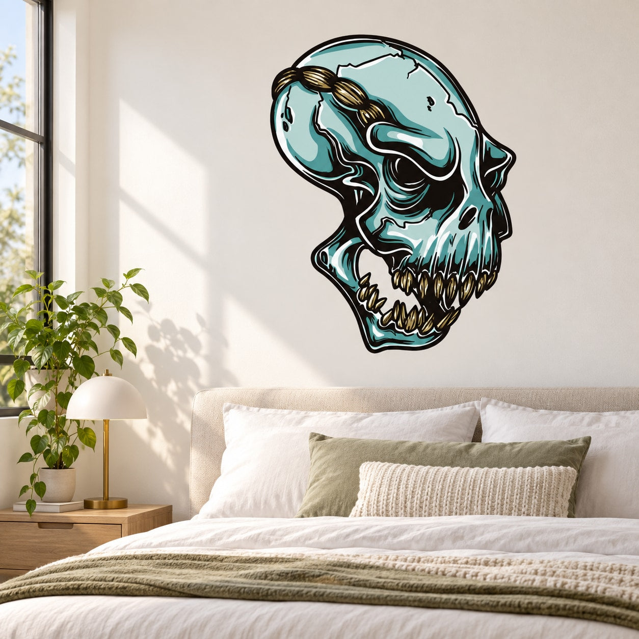Teal laughing alien skull sticker with gold teeth and black outline
