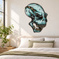Teal laughing alien skull sticker with gold teeth and black outline