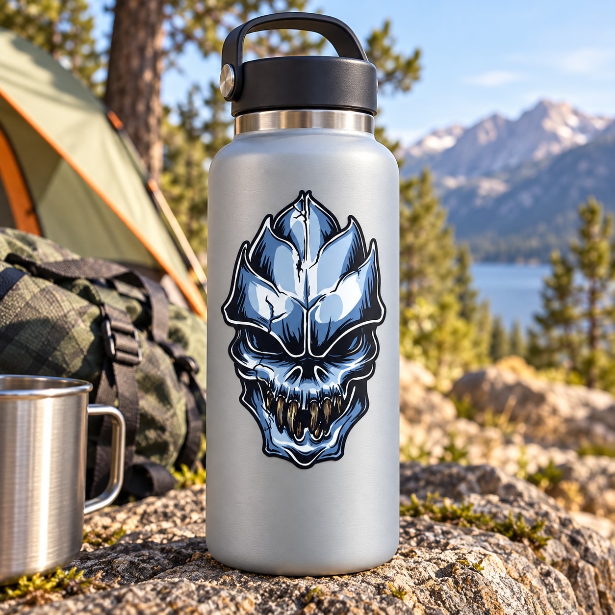 Grinning alien skull sticker with blue flames and black outline