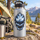 Grinning alien skull sticker with blue flames and black outline