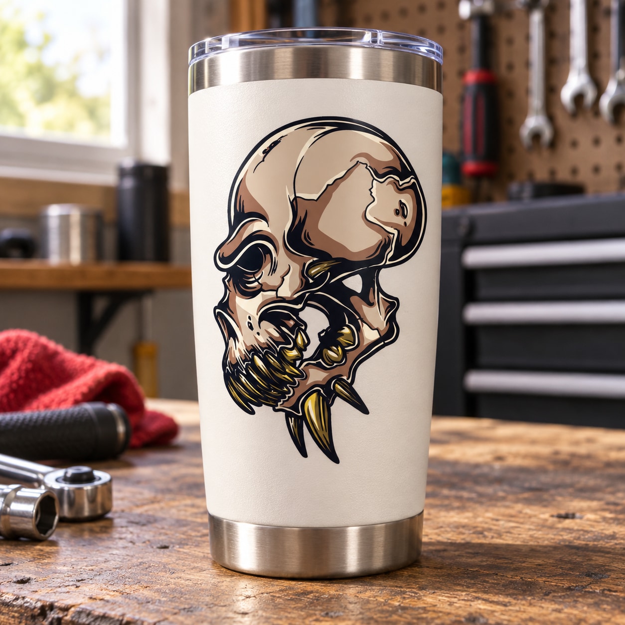 Stainless steel tumbler with alien skull decal graphic, silver and cream