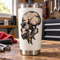 Stainless steel tumbler with alien skull decal graphic, silver and cream