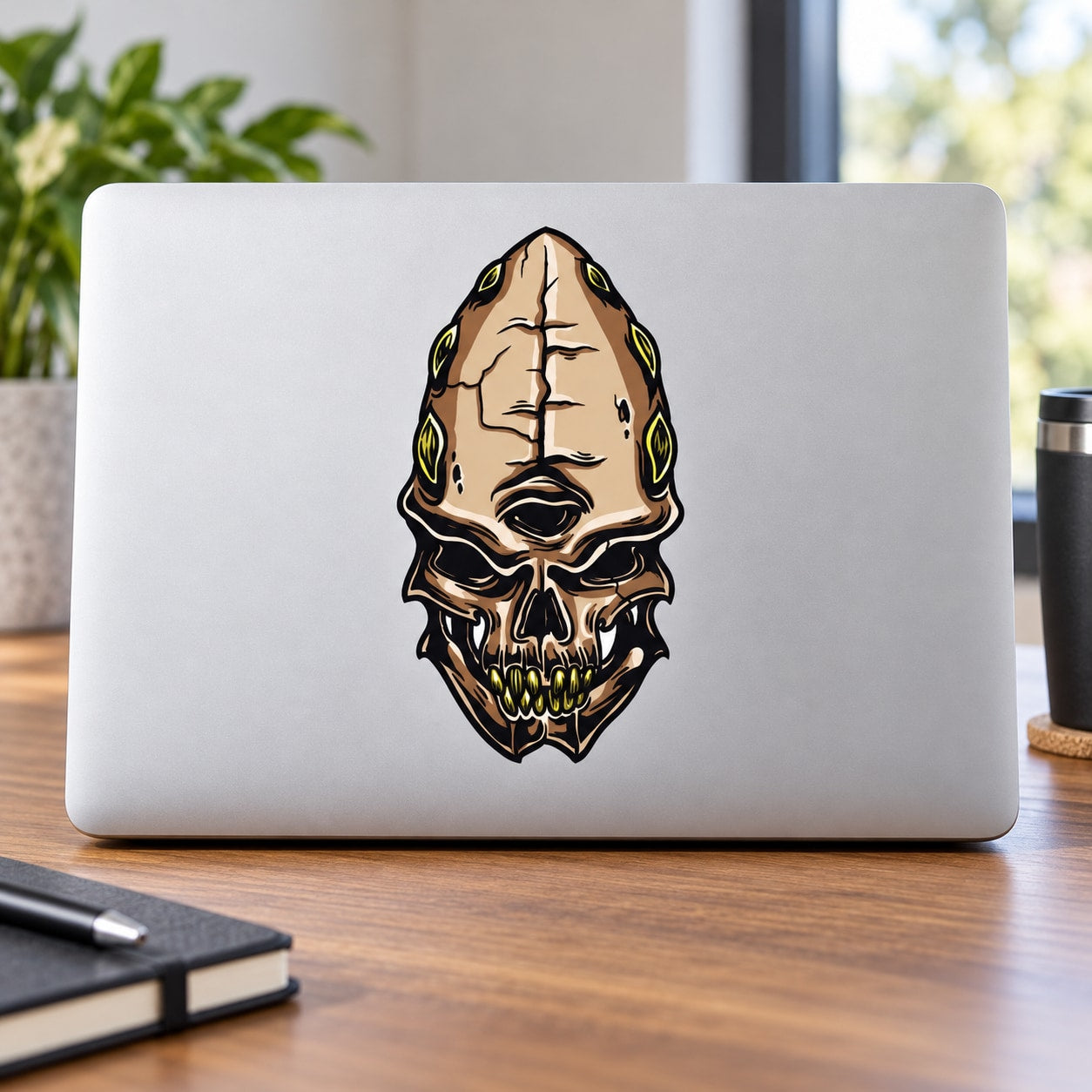 Alien skull sticker with open flames and green highlights, bold outline