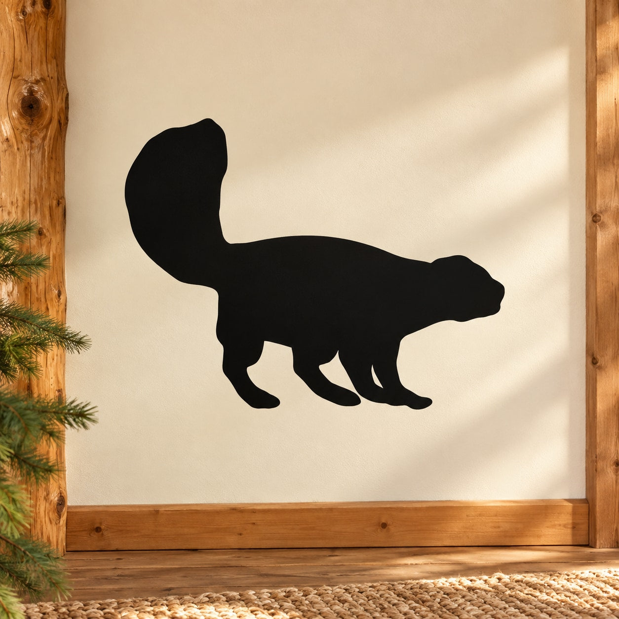 Standing skunk wall decal with a solid black silhouette