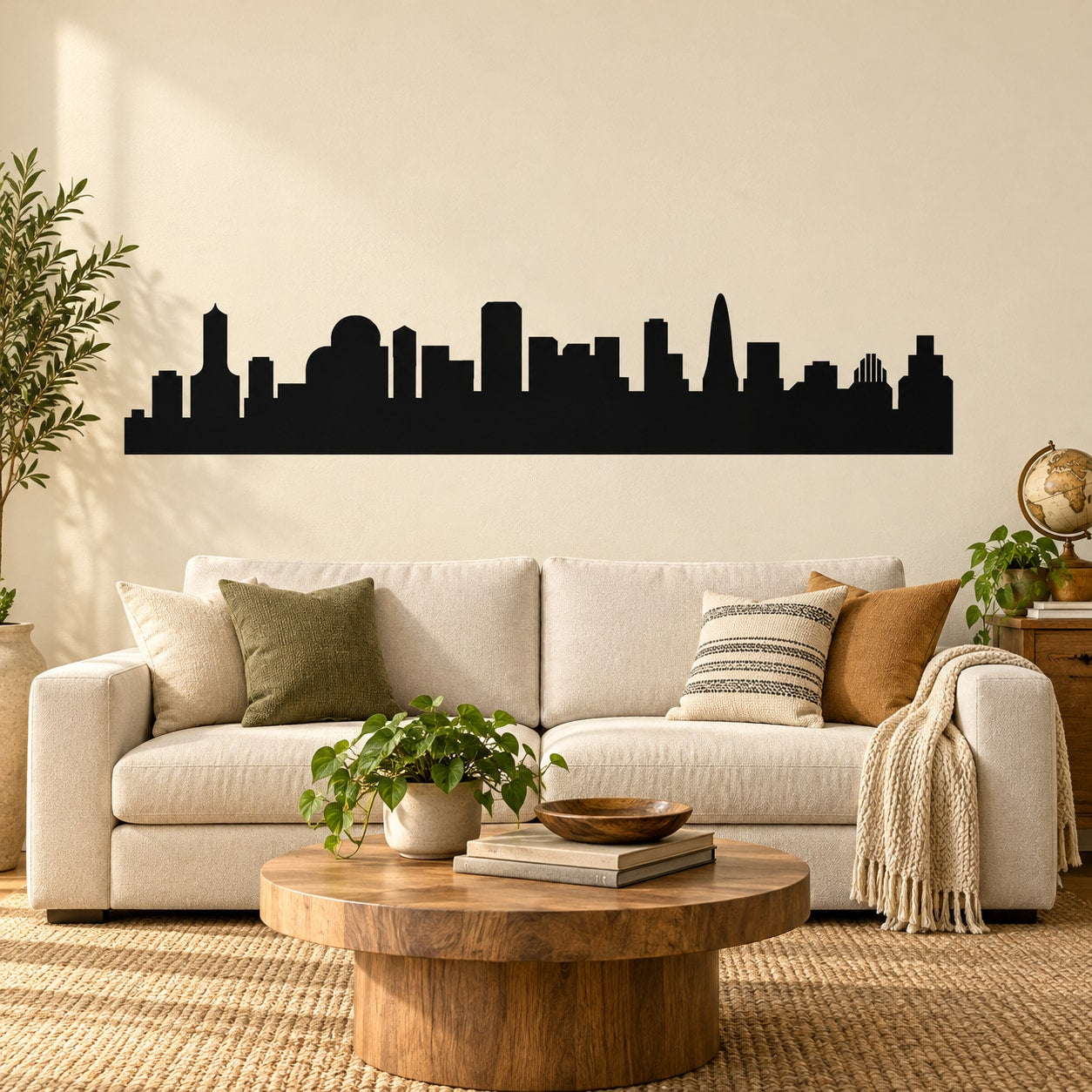 Black city skyline wall decal silhouette with tall skyscrapers and spires