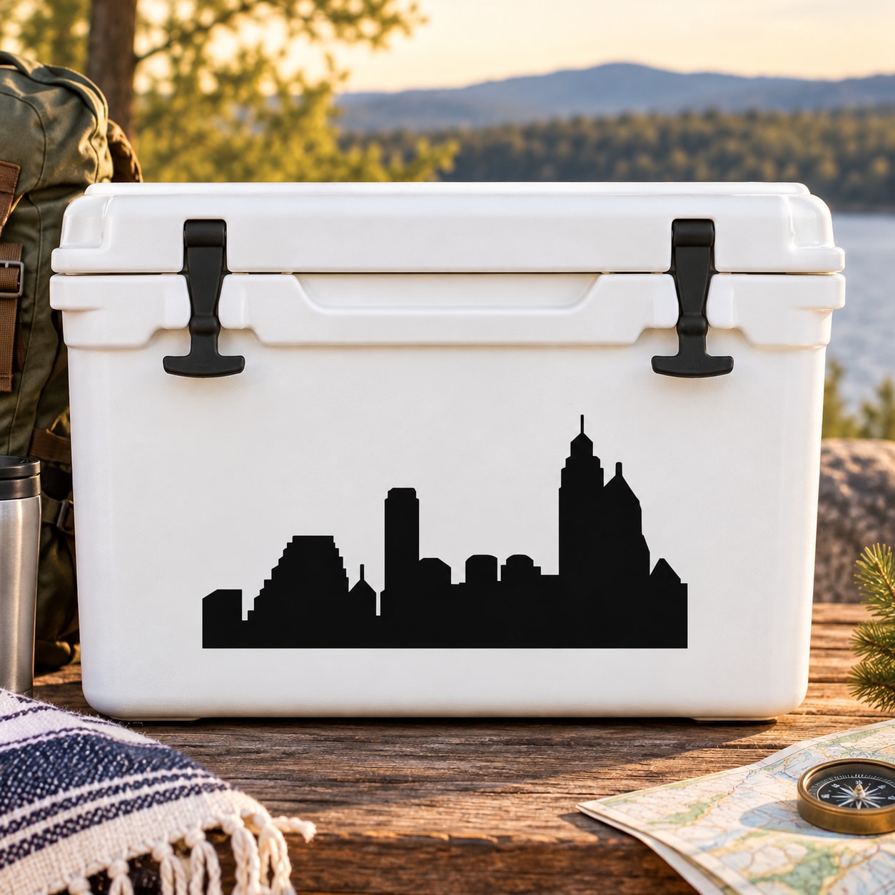 Black city skyline decal with tall buildings silhouette on white cooler