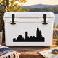 Black city skyline decal with tall buildings silhouette on white cooler