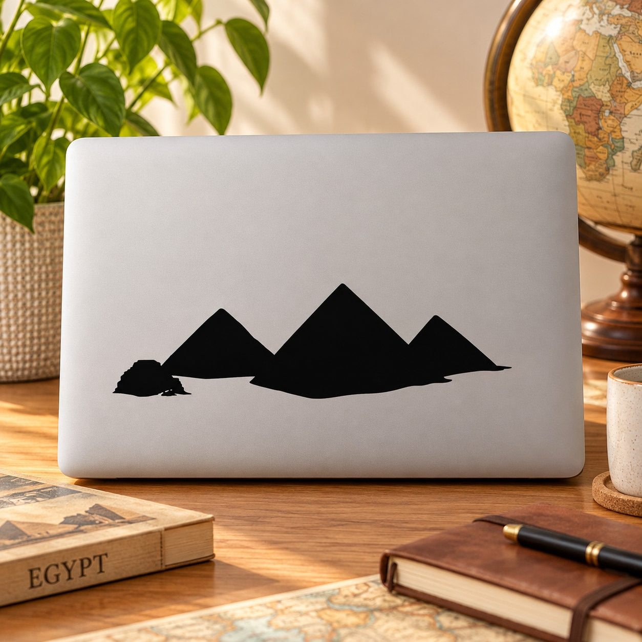 Black pyramid landscape wall decal with three peaks and desert silhouettes