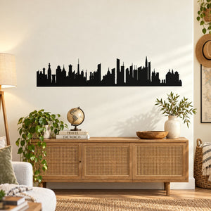 Black city skyline wall decal with detailed building silhouettes