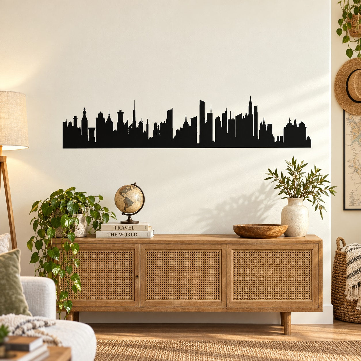 Black city skyline wall decal with detailed building silhouettes