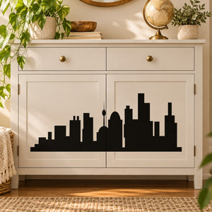 Central City skyline wall decal with black city silhouette on a light surface