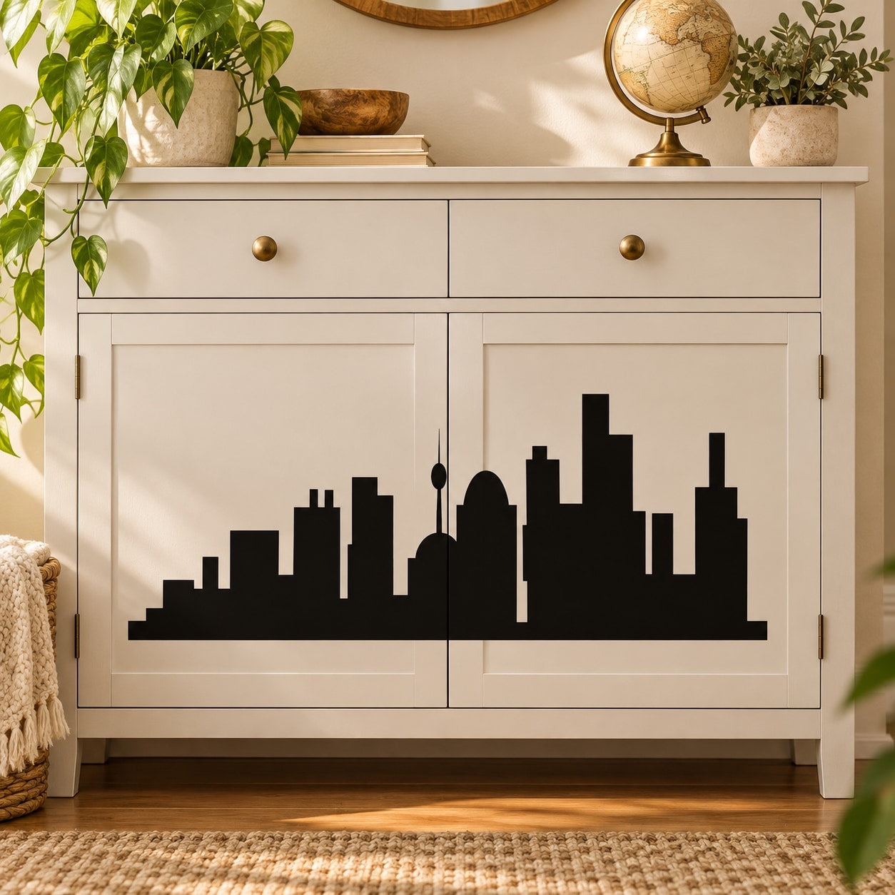 Central City skyline wall decal with black city silhouette on a light surface