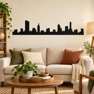 Black city skyline wall decal with building silhouettes, wide horizontal design