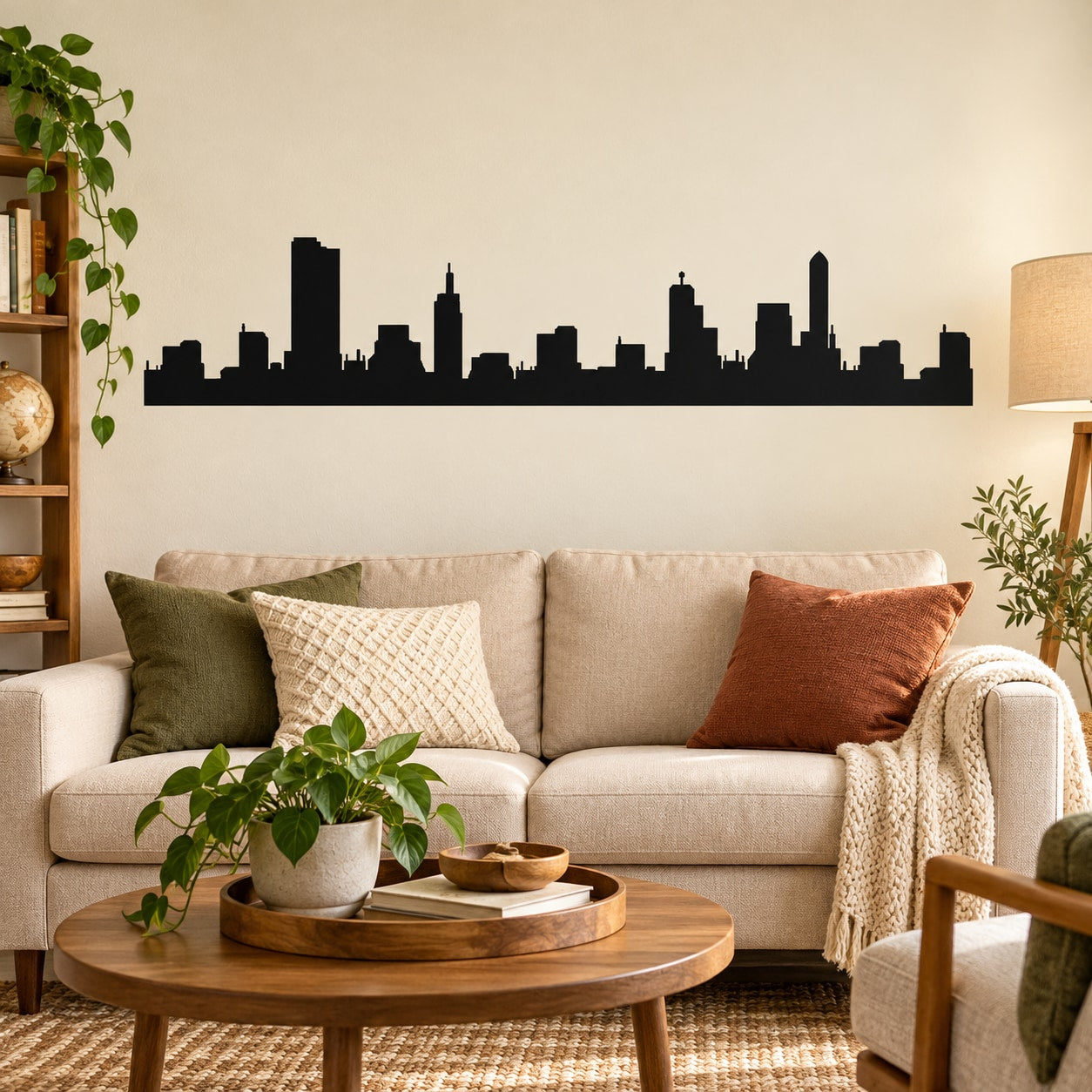 Black city skyline wall decal with building silhouettes, wide horizontal design