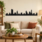 Black city skyline wall decal with building silhouettes, wide horizontal design