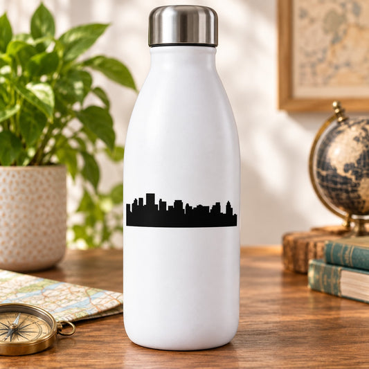 Black city skyline vinyl decal strip on a white water bottle