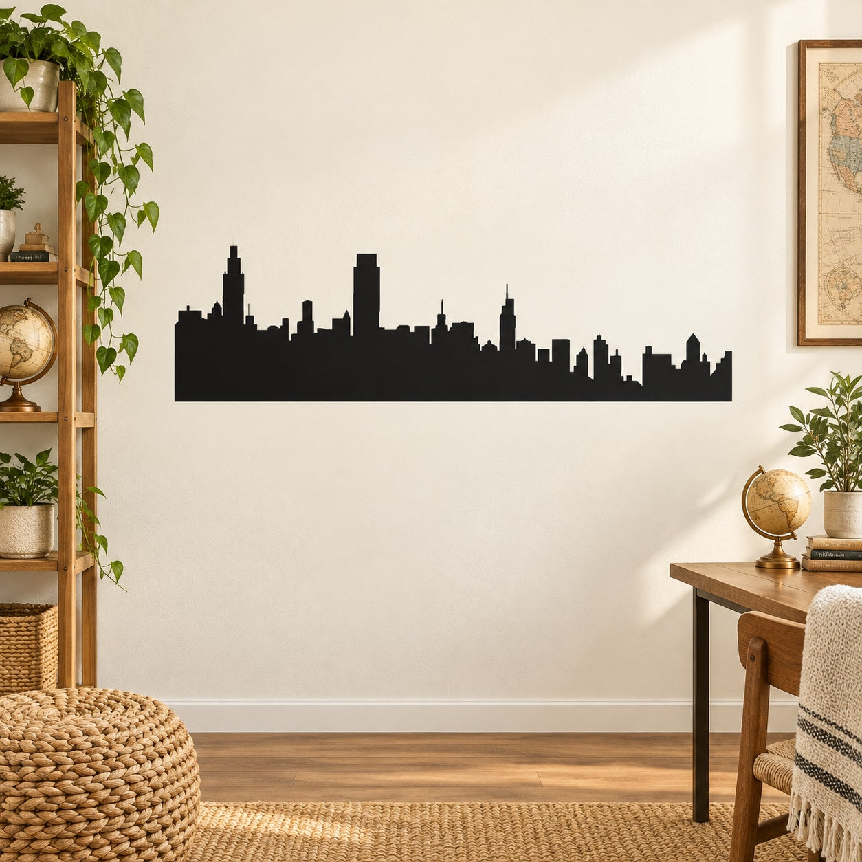 Black modern city skyline wall decal silhouette