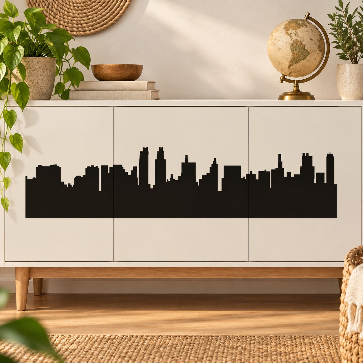 City skyline wall decal with black silhouette across a light panel