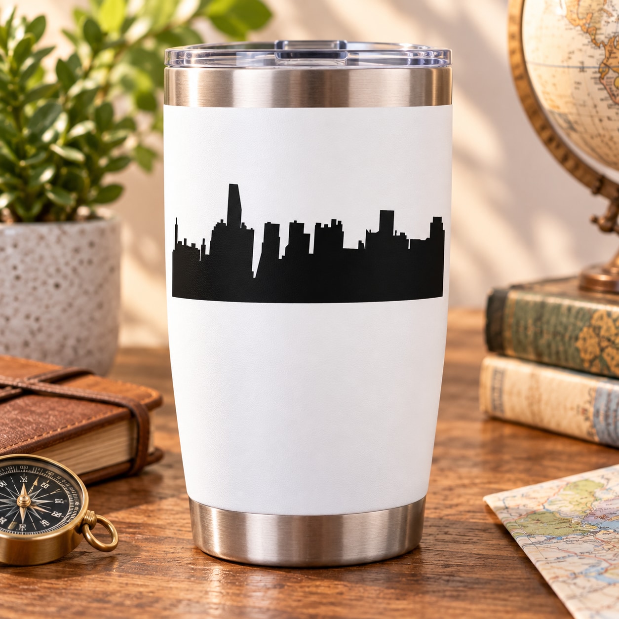 Stainless steel travel tumbler with black city skyline decal on white panel