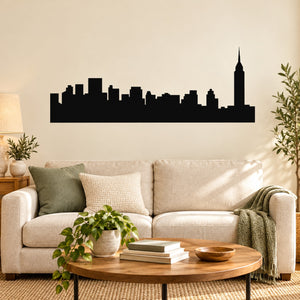 Black city skyline wall decal with tall tower silhouette