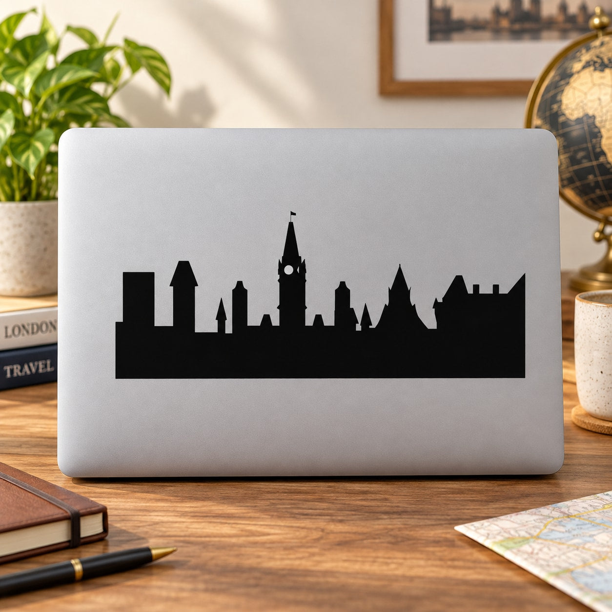 Black London skyline silhouette decal on laptop
