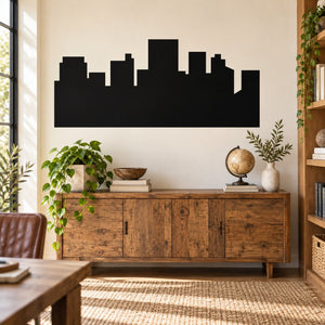 Black skyline building decal with detailed city silhouette