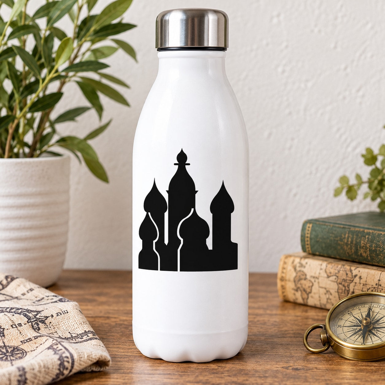 White bottle with black Russian building silhouette decal, ornate domes