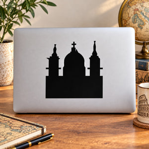 Roman church silhouette decal, black chapel and towers on light background.
