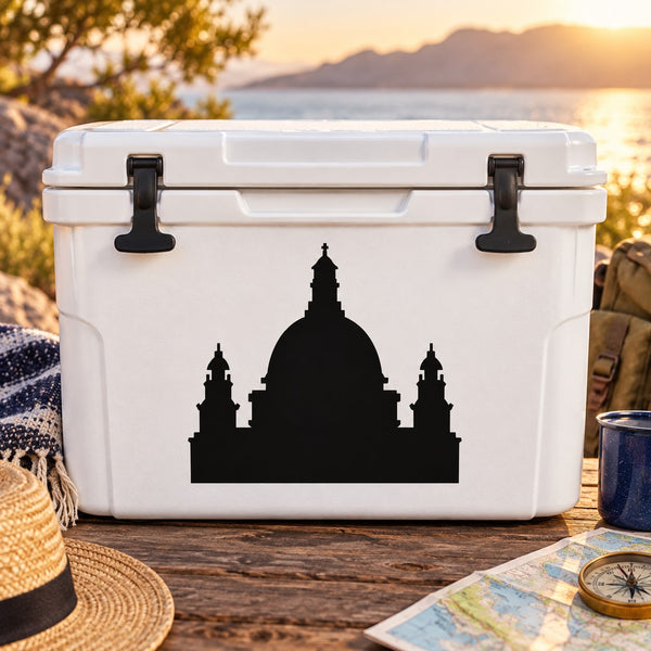 Black fairy-tale castle decal on white cooler lid