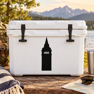 Tall building decal with black skyline silhouette on white cooler lid