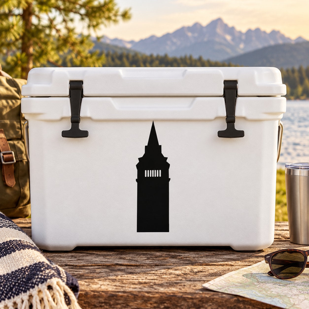 Tall building decal with black skyline silhouette on white cooler lid