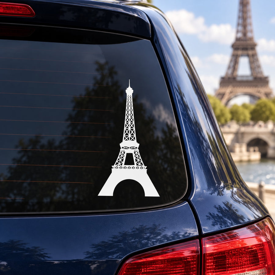 Eiffel Tower decal, white tower silhouette on dark car window panel