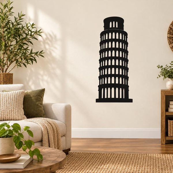 Black leaning Tower of Pisa wall decal with arched tiers silhouette