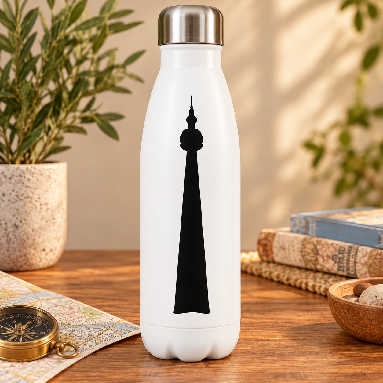 Black city tower silhouette decal for water bottles