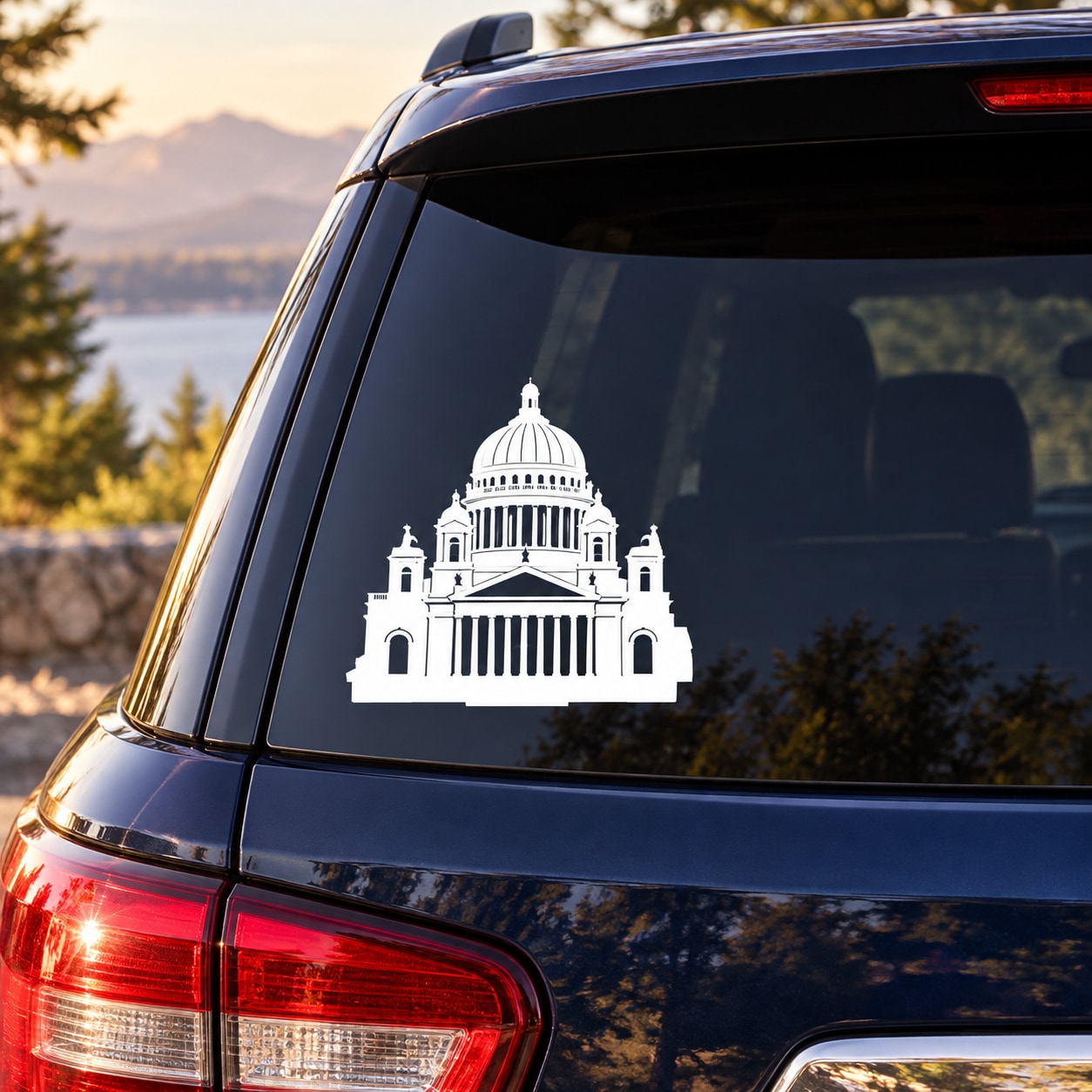 White Russian building decal sticker with domed cathedral on car rear window