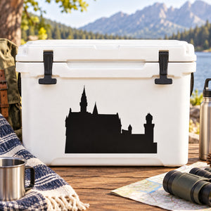 Black city skyline decal on a white cooler lid