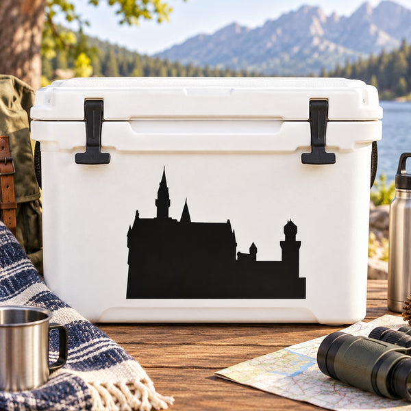 Black city skyline decal on a white cooler lid