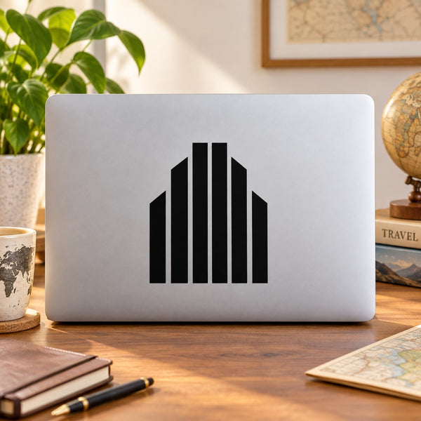 Striped building decal with black city silhouette stripes