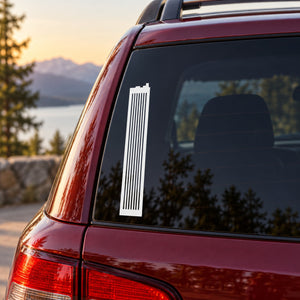 Tall building-striped decal for car window, white vertical stripes on dark background